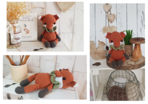 a collage of the crochet fox, tommy from different angels