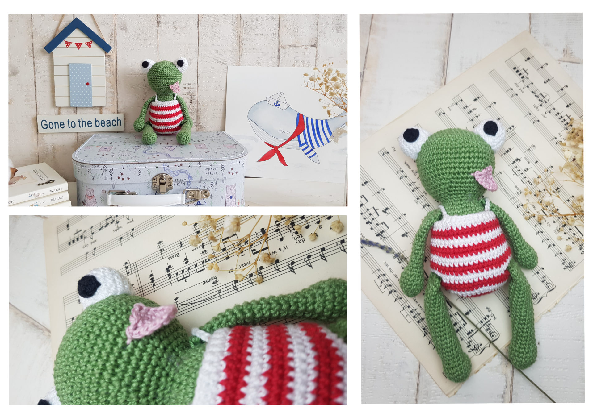 crochet frog collage