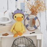 crochet duck sitting next to a swimming ring