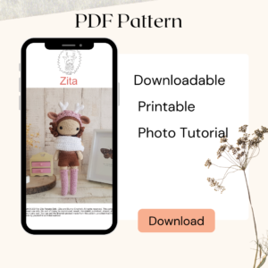 downloadable pattern of the crochet deer doll shown on a phone