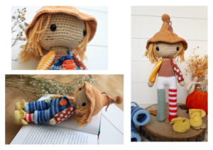 a photo collage of a crochet scarecrow 