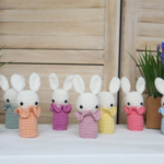 colourful crochet bunny decors displayed on shelf