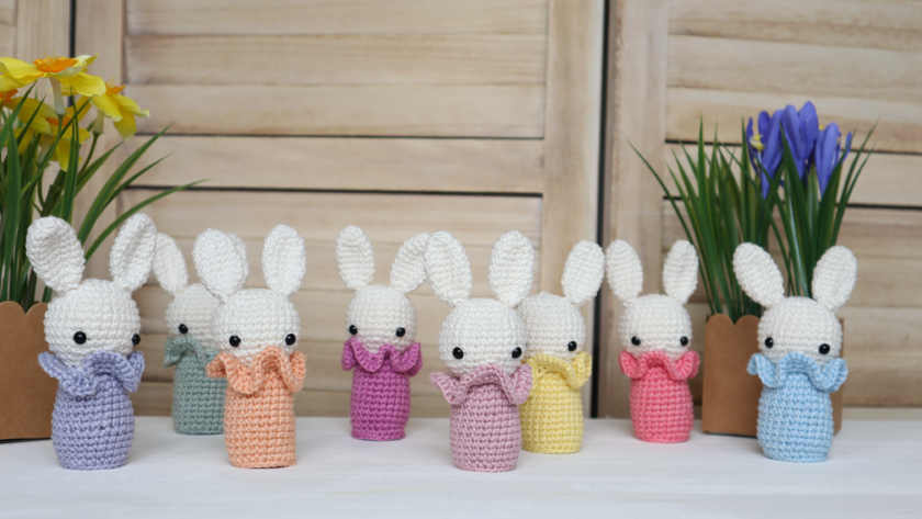 colourful crochet bunny decors displayed on shelf